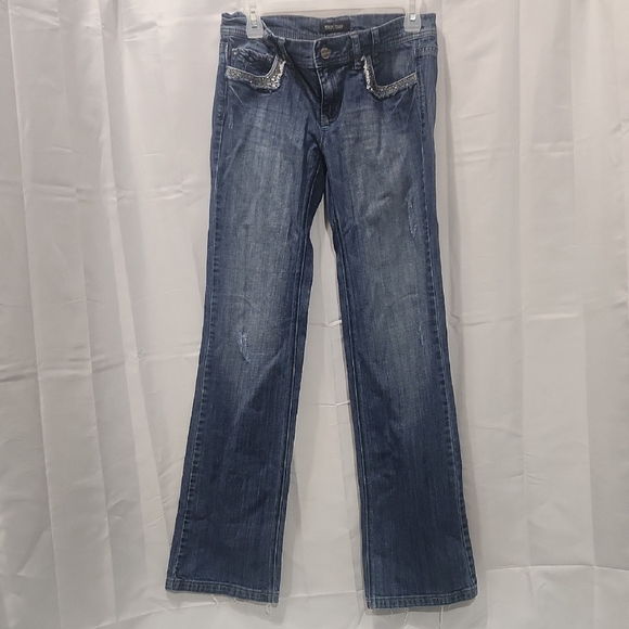 Classic Blue Boot Cut Jeans with Distressed Details - Picture 1 of 9